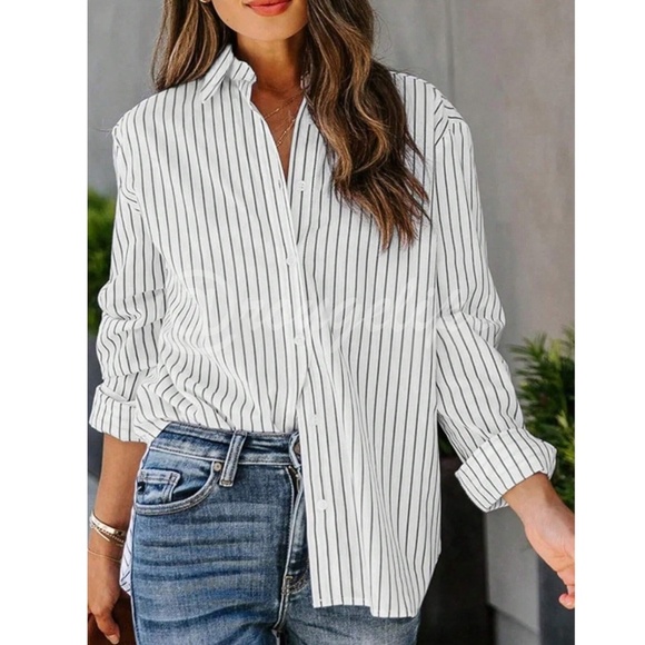 Rouge! Tops - White Striped Shirt Button Up / Down Long Sleeve, Collar